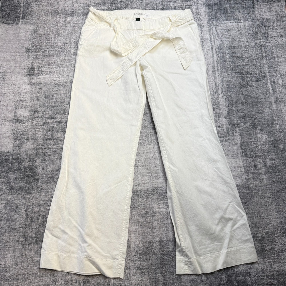 Y2K J Crew Pants Womens 12 White Linen Blend Curvy Fit Wide Boot Tie Beach Coast